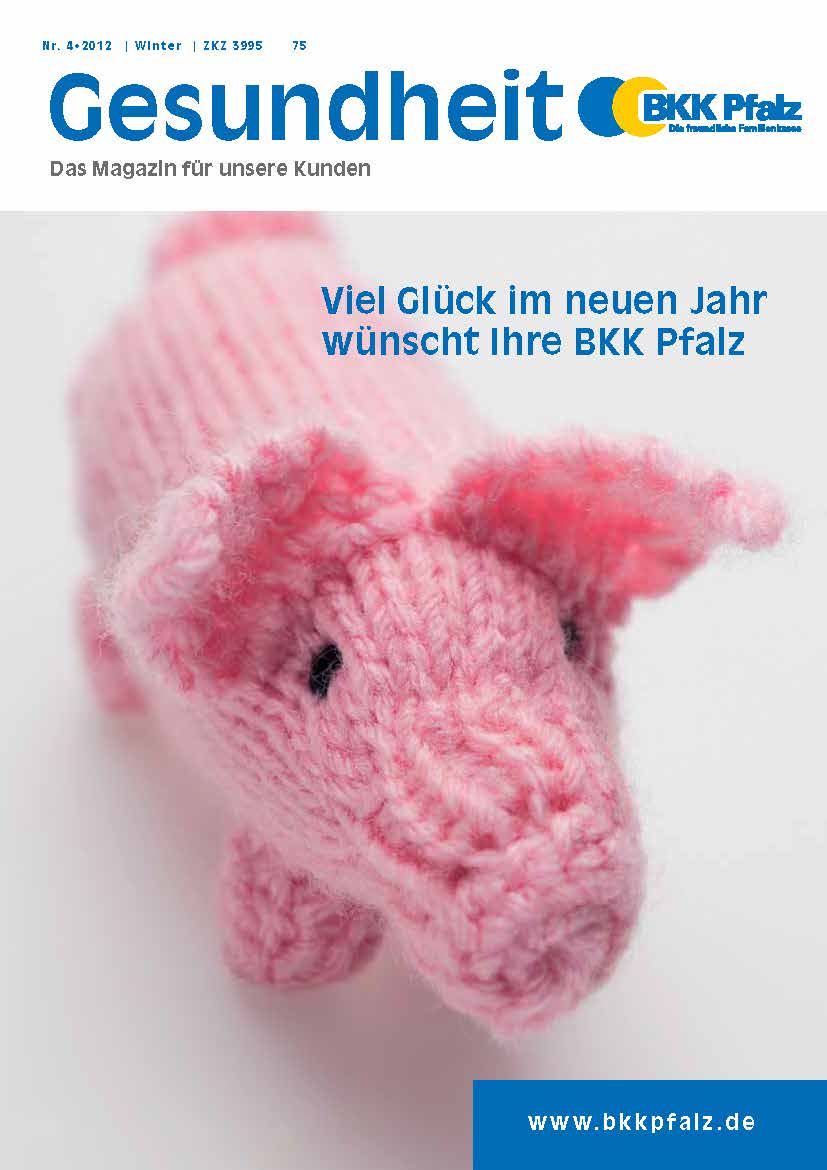 Cover des Kundenmagazins Gesundheit Winter 2012 mit einem gestrickten rosa Schweinchen