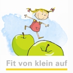 Farbige Zeichnung eines Mädchens mit Zöpfen, das von einem Apfel zum anderen springt