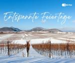 Winterlandschaft in der Pfalz mit Schriftzug Entspannte Feiertage