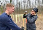 Eine Mitarbeiterin der BKK Pfalz schlägt einen Pflanzpflock in den Boden