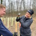 Eine Mitarbeiterin der BKK Pfalz schlägt einen Pflanzpflock in den Boden